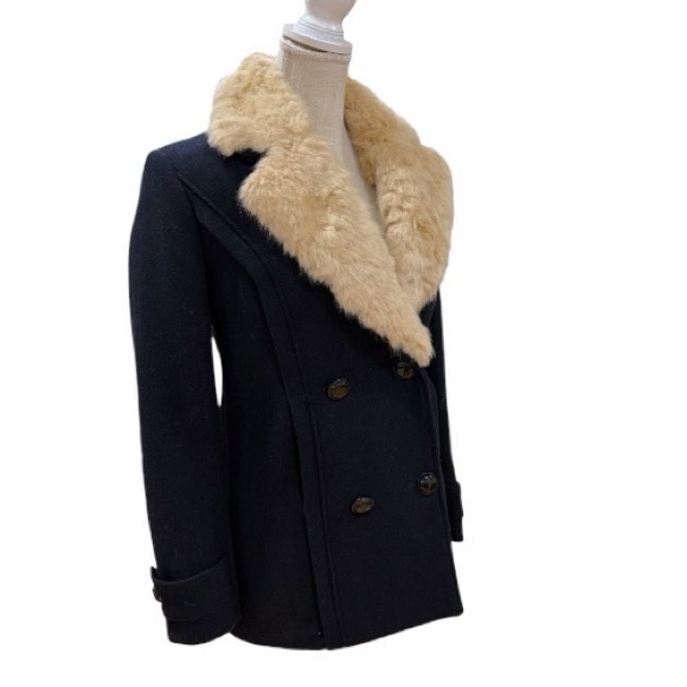 Zara Trafaluc Black Double Breasted Wool Pea Coat Faux Fur Collar Navy Blue Sz S - Picture 3 of 10